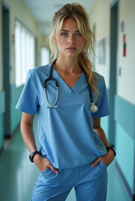 Beautiful Slavic woman, athletic, messy hair, graceful, attractive, perfect breasts,  perfect face, sexy, wavy blonde hair in a ponytail, blue eyes, freckles, high cheekbones, narrow hips, hospital scrubs uniform, long shirt, pants, clipboard, stethoscope,...