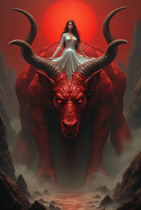  a woman sitting on a scarlet colored beast, that was full of blasphemous names, and had seven heads and ten horns. 