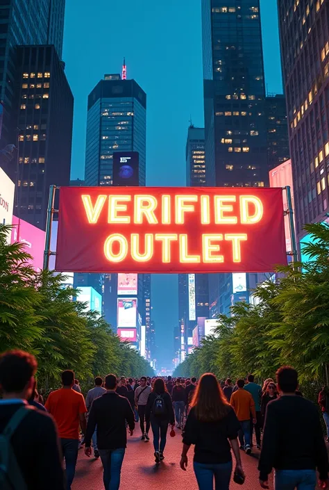 A HUGE BANNER SAYING "VERIFIED OUTLET " WITH PEOPLE WALKING AROUND AND CITY BUILDINGS WITH LIGHTS AND WEED PLANTS EVERYWHERE