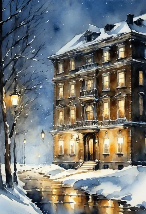 (Watercolor in Sargent style)、(highest quality、masterpiece) nightlight , winter and snow , old building, elegant and old , a little deteriorated ,