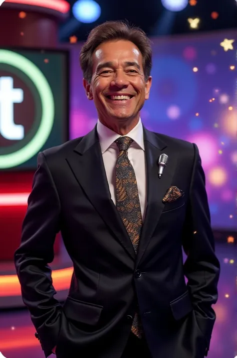 Art in homage to Silvio Santos, the greatest presenter on Brazilian TV. He with a suit and a microphone united on his tie. The owner of the SBT channel