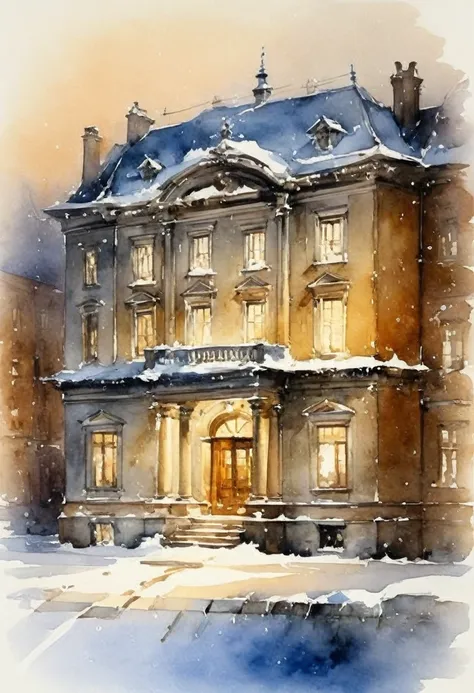 (Watercolor in Sargent style)、(highest quality、masterpiece) nightlight , winter and snow , old building, elegant and old , a little deteriorated ,