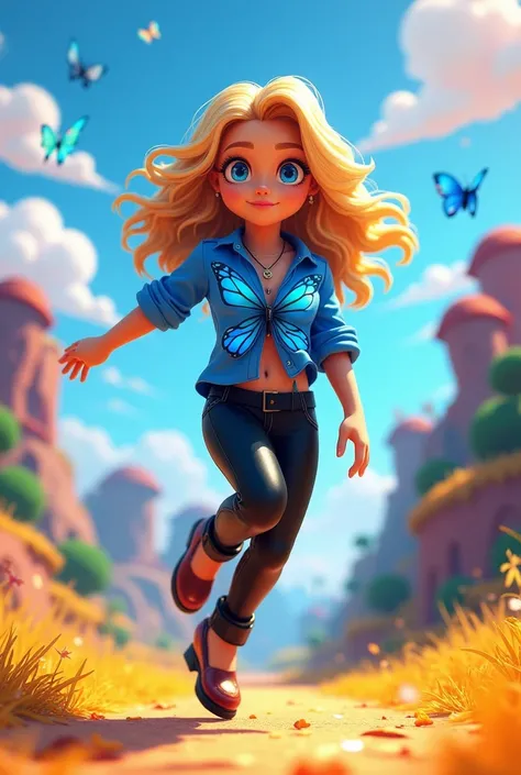 one ,Roblox,blue butterfly shirt,blond hair,blue eyes, black pants, big hair