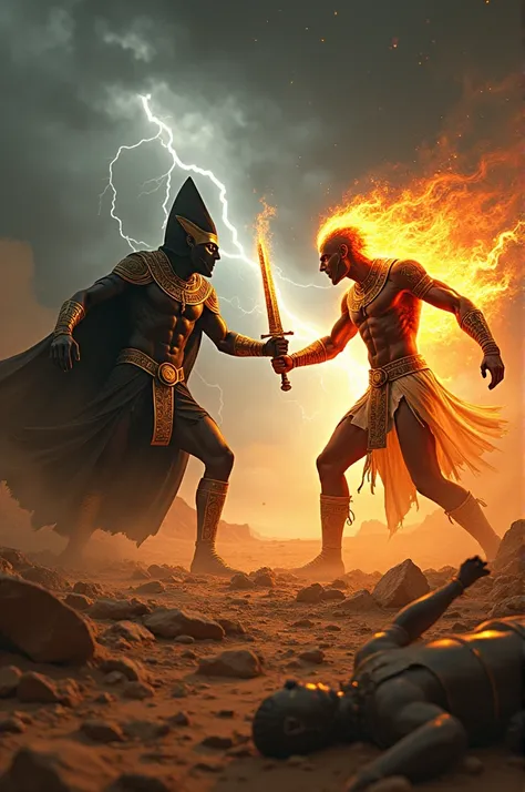 Dark Egyptian god and fire power Egyptian god fighting eachother with special swords and clashing sword with eachother desert battlefield ground is shattered Egyptian army dead bodies fallen apart on ground dark clouds thundering in sky