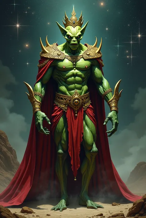 Strong, bold and green alien with a King costume
