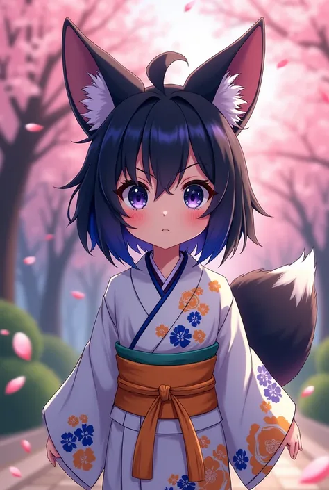 Chica anime de unos 5-4 años con cabello negro con mechones bluees y naranjas, eyes the color of night with purple and black fox ears and tail, wearing a white Japanese haori,blue, yellow and orange and with a cold and angry but kind personality 