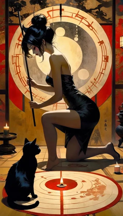 1 sexy girl, a strange black silhouette appears in the magic circle, a sexy girl uses a giant paintbrush to draw a magic circle with ink, writing calligraphy on a large piece of Japanese paper arranged on the ground, a cat walking and leaving marks of blac...