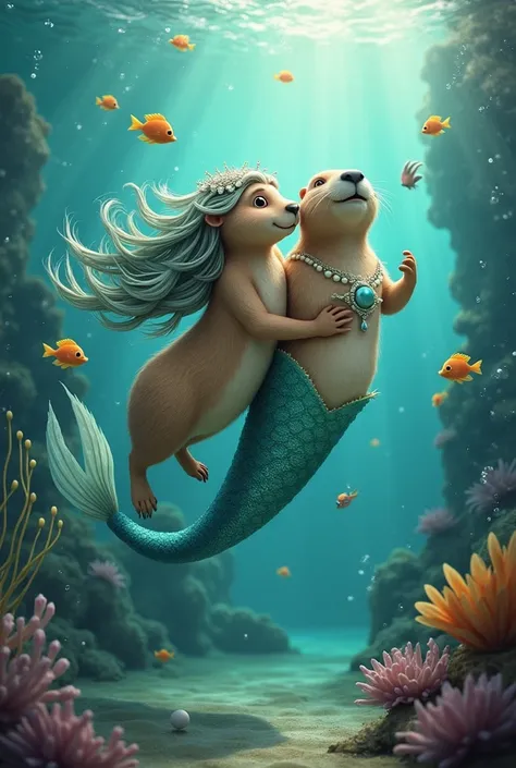 Capybara with fish and mermaid