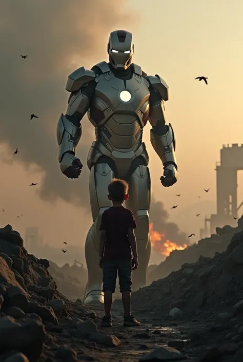 A boy stand on war location and his backside stand ironman