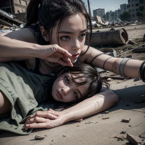 A person lying on the ground trying to get up and another person helping them in a post-apocalyptic scenario with everything destroyed.