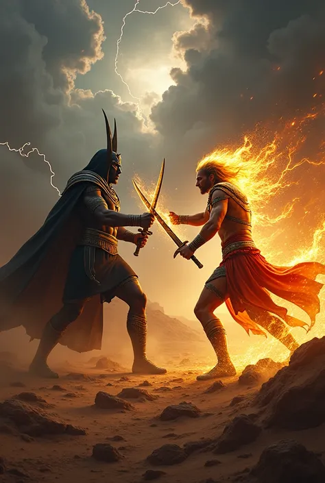 Dark Egyptian god and fire power Egyptian god wearing armour fighting eachother with special swords and clashing sword with eachother desert battlefield ground is shattered Egyptian army dead bodies fallen apart on ground dark clouds thundering in sky