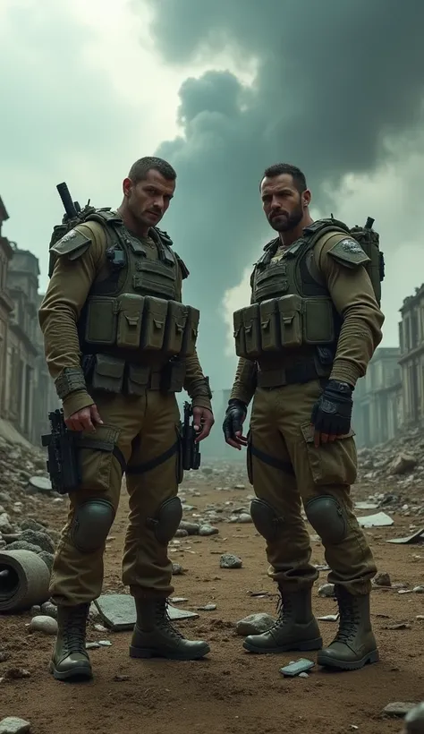 Two military soldiers in desolate survival terrain indicating their resilience in the face of the end of the world 