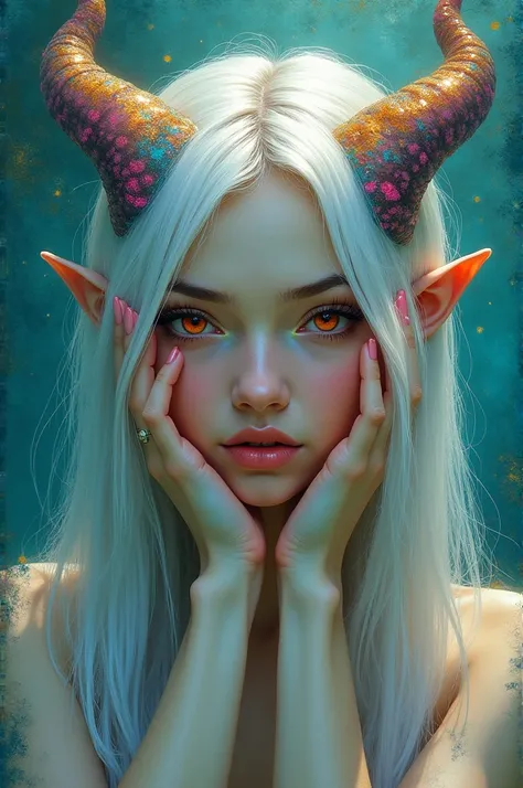 A white woman with horns, long, straight, colorful hair with a wet look, with her hands on her face looking through her fingers, looking like a mermaid, reddish eyes, deep look. with eye-catching colors, looking like an oil painting.