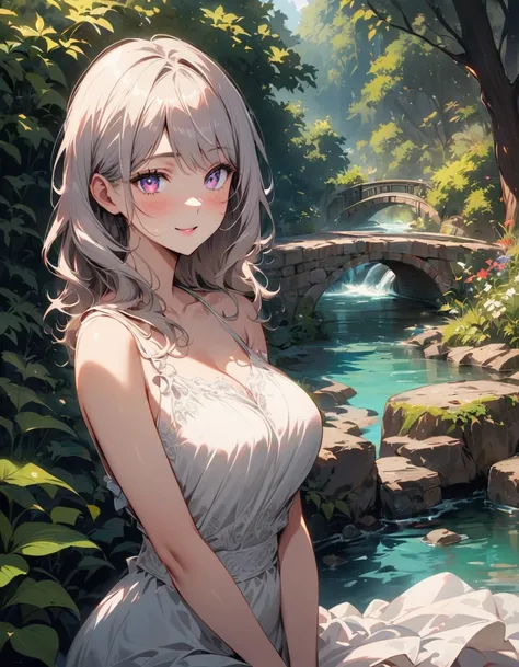 detailed textures, high quality, high resolution, high accuracy, Realism, color correction, correct lighting settings, harmonious composition. (high quality, a high resolution, Small parts), brook, (Small bridge), White dress, One, curvy women, sparkling e...