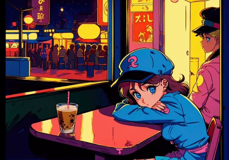 One girl, 80s anime style, retro, lofi, piercing, hat, cafe, night, dark room