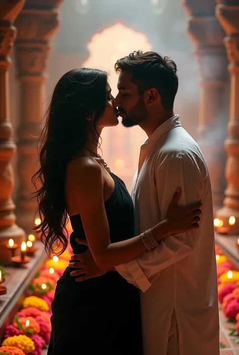 Young sexy girl, curvy hourglass body, wearing black saree,hindu pandit, kissing,in the Hindu temple.