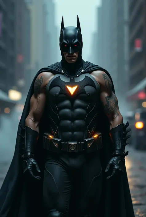 1man, american, batman mask with ears, glowing upside down triangle symbol, black tech suit with metal accentsm, right bare arm, black cape, black boots, dark aura, smoke background