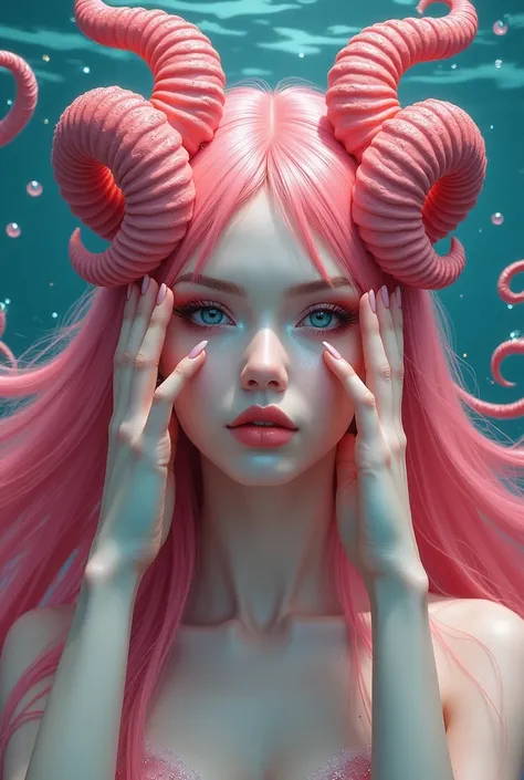 A white woman with horns, pink and long straight hair with a wet look, with one hand on the face looking through the index and middle fingers, looking like a mermaid, red eyes and eyelids, deep look. with eye-catching colors, looking like an oil painting.