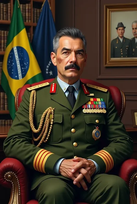 A realistic and detailed portrait of a Colonel of Roman descent in the Brazilian army, circa 40 years old.He has a very muscular and wide body, with military black and gray hair on the sides, and a thin scar on his face like a mark of bravery, he has a mus...