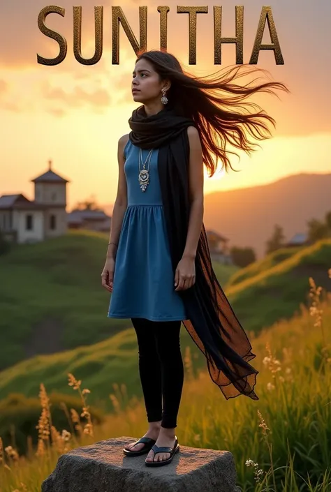 Beautiful cute short girl aged 15 , stand on stone in middle of hills, have long hair and wears jewellery set and wears metallic smart watch to her left hand and wears blue colour dress and black scarf  which is flying due to air and  black colour legin pa...