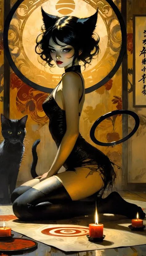 1 sexy girl, a strange black silhouette appears in the magic circle, a sexy girl uses a giant paintbrush to draw a magic circle with ink, writing calligraphy on a large piece of Japanese paper arranged on the ground, a cat walking and leaving marks of blac...