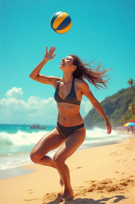 on a sunny beach, a Brazilian woman wearing a sports bikini playing beach volleyball, with a close-up showing the dynamic beauty of her breasts in action, full of vitality and a healthy lifestyle.