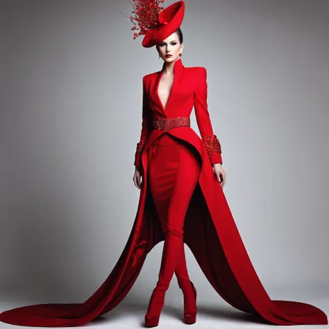 beautiful sexy woman, beautiful avant-garde style, full length , Beautiful red clothes ,  Accessories 