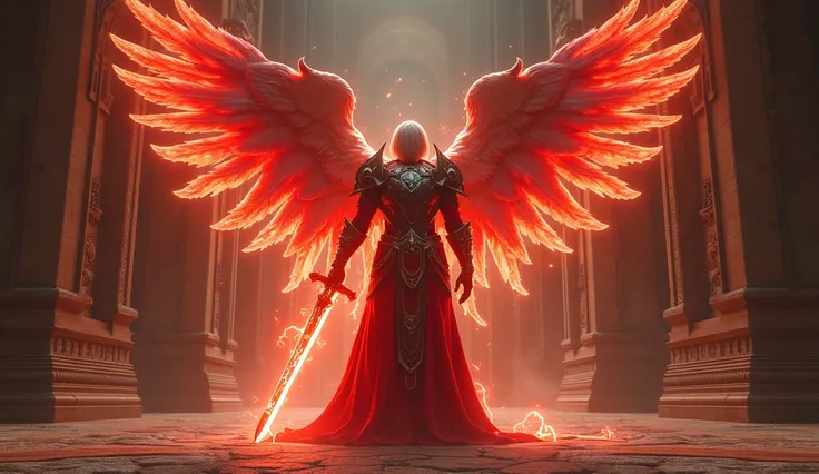 angel armored in Heartfire Sentinels Authority, greatsword, red flame lightning around him with halo standing in front of temple, widescreen, ray tracing, photorealistic, anatomically correct, retina, masterpiece, accurate, UHD, award winning, best quality...