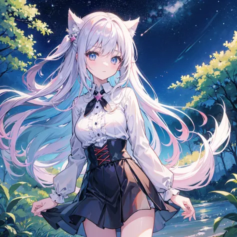 Create an image of an anime-style girl in a rural background where it is raining and it is nighttime and you can see the stars in dark hentai-type colors