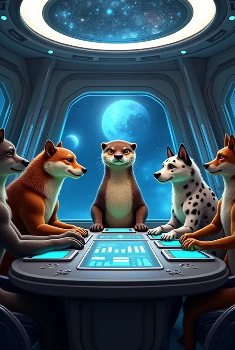 a diplomatic meeting between anthropomorphic otter, two wolves , and Dalmatian in a space ship briefing room 