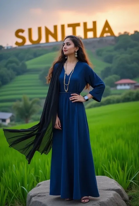 Beautiful cute short girl aged 18 , stand on stone in middle of hills, have long hair and wears jewellery set and wears metallic smart watch to her left hand and wears blue colour full hands dress and black scarf  which is flying due to air and  black colo...