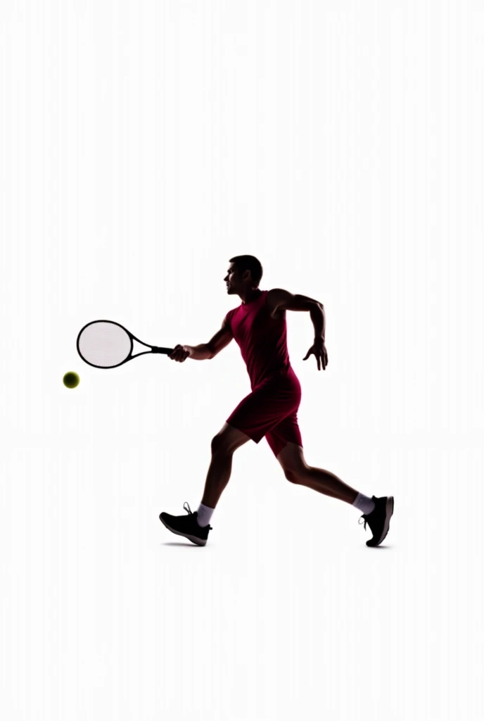 A sports person hitting a ball with tennis racket and ball coming out of screen use less colour 
Not make it so realistic  use black and dark red colour 