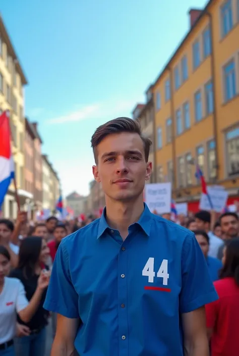 A young politician wearing a blue shirt with the number 44 written on it..222.