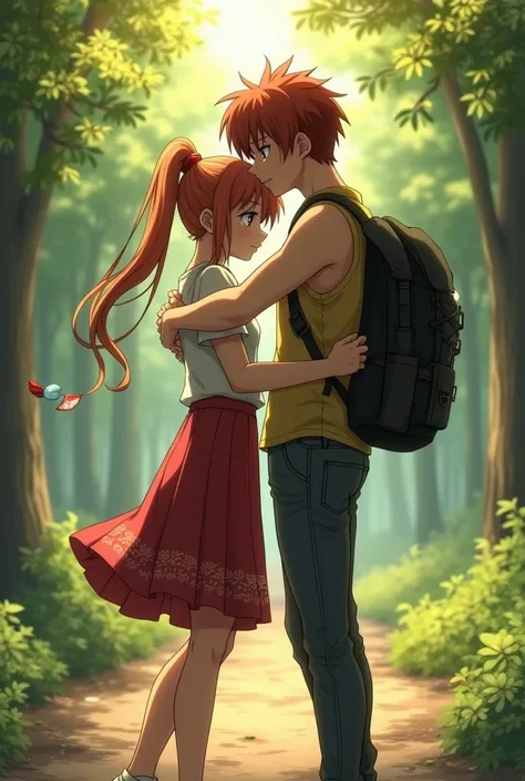 female Shoto Todoroki, mha, girl with long hair, ponytail, pretty short blouse, mid-length skirt with fluttering ribbons, crying, Adult Katsuki Bakugou, tank shirt, worn jeans, necklace, tramp, backpack bag on the back, hiking, anime, he embrace