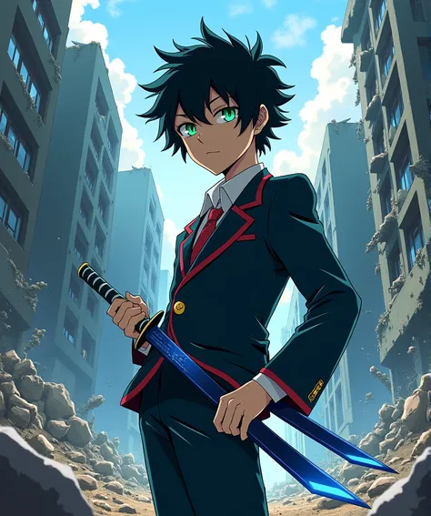 1 boy, teenager, short black messy hair, bright green eyes, stylish Japanese school outfit, illustration from the anime Kimetsu no Yaiba, holding a blue sword, destroyed city background