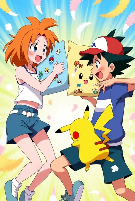 Draw Ash and Misty from Pokemon in anime style having a pillow fight. Ashs pillow is light blue with PokeBall drawings while Mistys is pastel yellow with Psyduck drawings. The feathers fly around them. 

Misty has orange hair and its short, reaching her sh...