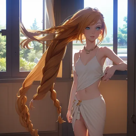 (photo-realistic), standing against window, orange tinted hair, (braid hair:1.3), two-tone hair, blonde hair, pink lips, open mo...