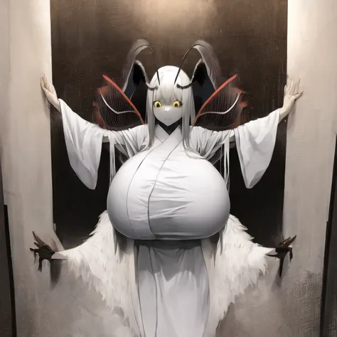 moth girl、yellow eyes、longitudinal pupils、pure white kimono、super huge breasts、black fluffy antennae、no backgroun、tall、eight-hea...