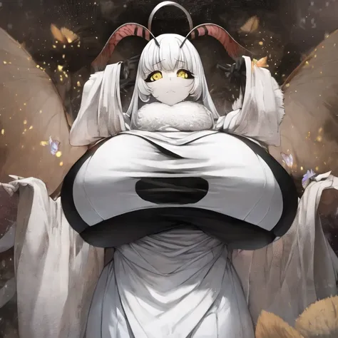 moth girl、yellow eyes、longitudinal pupils、pure white kimono、super huge breasts、black fluffy antennae、no backgroun、tall、eight-hea...