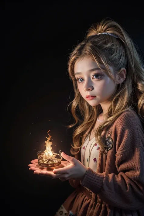 Karol Sevilla, Supreme Magic, teenager , Karol Sevilla, Ultrarealistic high quality image, enchanted magic ring, fire spell, dark background, stars