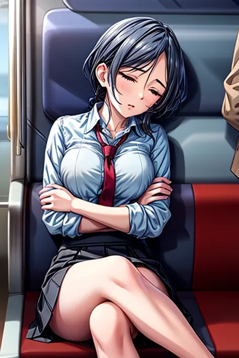 masterpiece, highest quality, high resolution, ((train))、sitting、kanade hayami, navy blue hair, a plain, light blue collared shi...