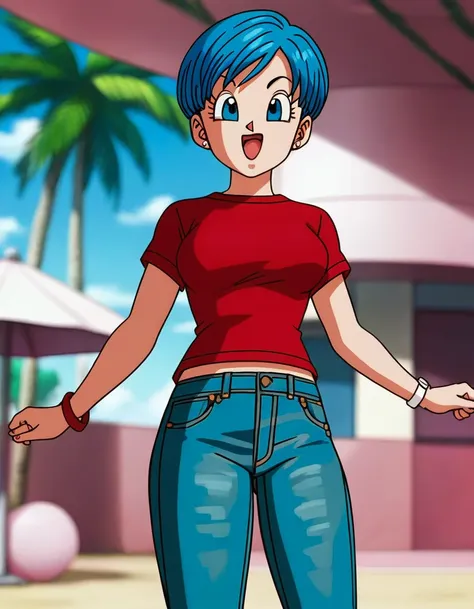 source_anime, score_9, score_8_up, score_7_up,  standing, 8k, absurd res, bulma, 1girl, solo, breasts, smile, short hair, bowl cut,  open mouth, blue eyes, jewelry, medium breasts, blue hair, ((wearing a red tshirt)), ((wearing jeans)). earrings, outdoors,...