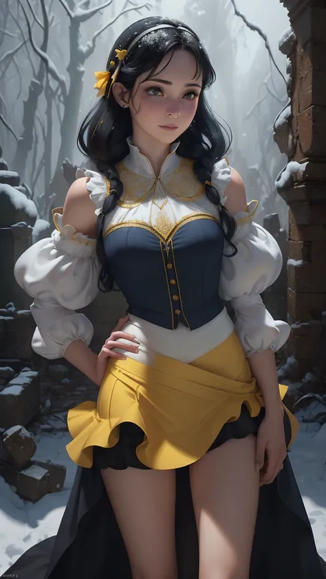 (The best quality,A high resolution,Ultra - detailed,actual),Rachel Zegler in snow white, (mini skirt yellow plizada :1.4) ,(Cowboy Shot) , (skirt lifted by itself: 1.1), (cabello negro corto :1.4), (skirt lift: 1.3), (showing white panties: 1.3), details ...