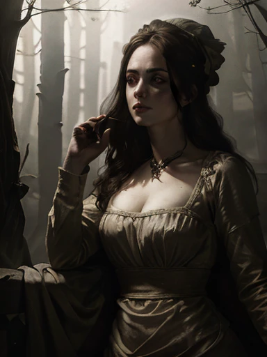  A hyperrealistic very pale woman with a long messy-straight redhair, freckled skin, skin pores, realistic textured skin, illuminated skin, wearing twigs on her head, wearing a white gothic dirty old dress. she is dancing in a forest around a big bonfire. ...