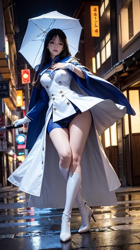 South korea asssassins creed walk women mystery hooded on with modern royal Blue coat with long and wide sleeves with buttons and royal Blue cape and very high white heel over the knee and white gloves, As she reveals a small secret hidden blade coming fro...