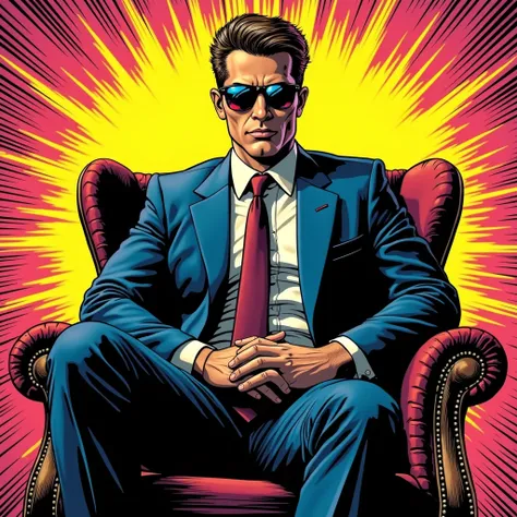 A man in a suit sits on a chair, in the style of 80s comics 