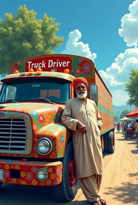 A desi old man Standing with Pakistani Art truck, Truck Driver clearly written on truck