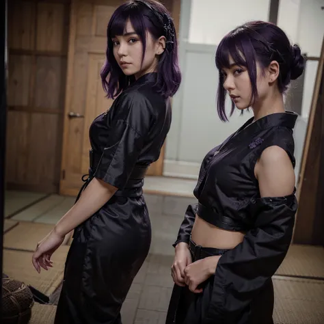 Realistic photo of a young video blogger in a short open gothic style outfit, tight, dark style, purple hair to the waist and bangs, side view, a frame like in an old Japanese film, covered with a stylish kimono 