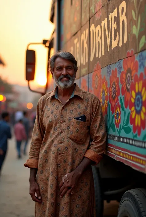 A pakistani desi mid age man Standing with Pakistani Art truck, Truck Driver clearly written on truck