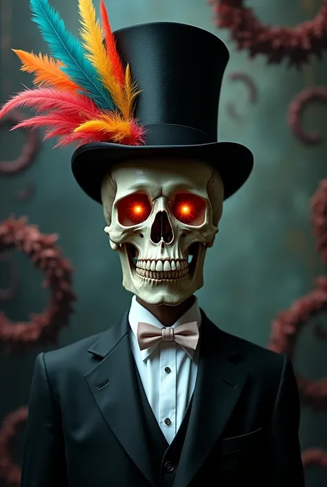 Draw a skull wearing a suit and tie mocking a hat on the head, put it in front.